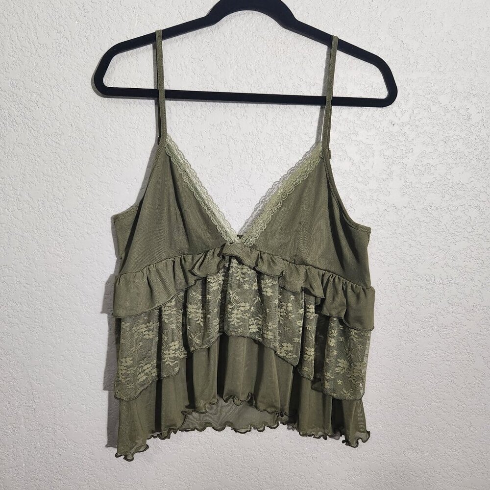 Cider Camisole Top Womens Small Green Lace Tiered Ruffle Floral Babydoll
